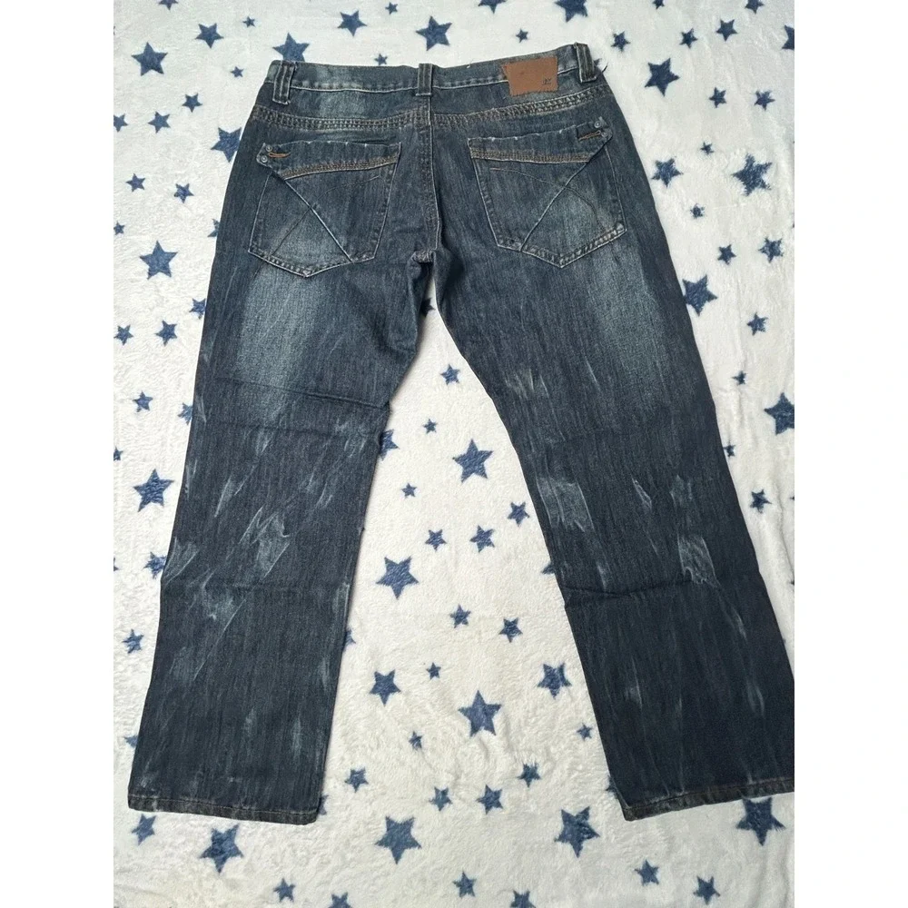 Brooklyn Xpress Mens 36x30 Blue Distressed Straight Leg Denim Jeans Dark Wash